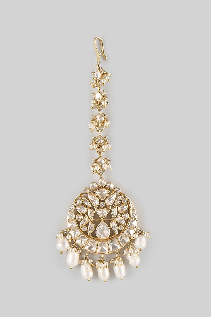 Gold Finish Kundan Polki Maangtikka In Sterling Silver by Preeti Mohan Silver at Pernia's Pop Up Shop
