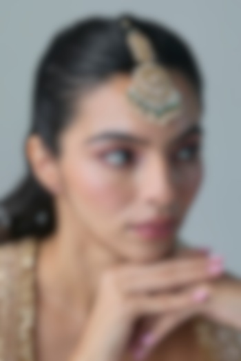 Gold Finish Kundan Polki & Green Stone Maangtikka In Sterling Silver by Preeti Mohan Silver at Pernia's Pop Up Shop