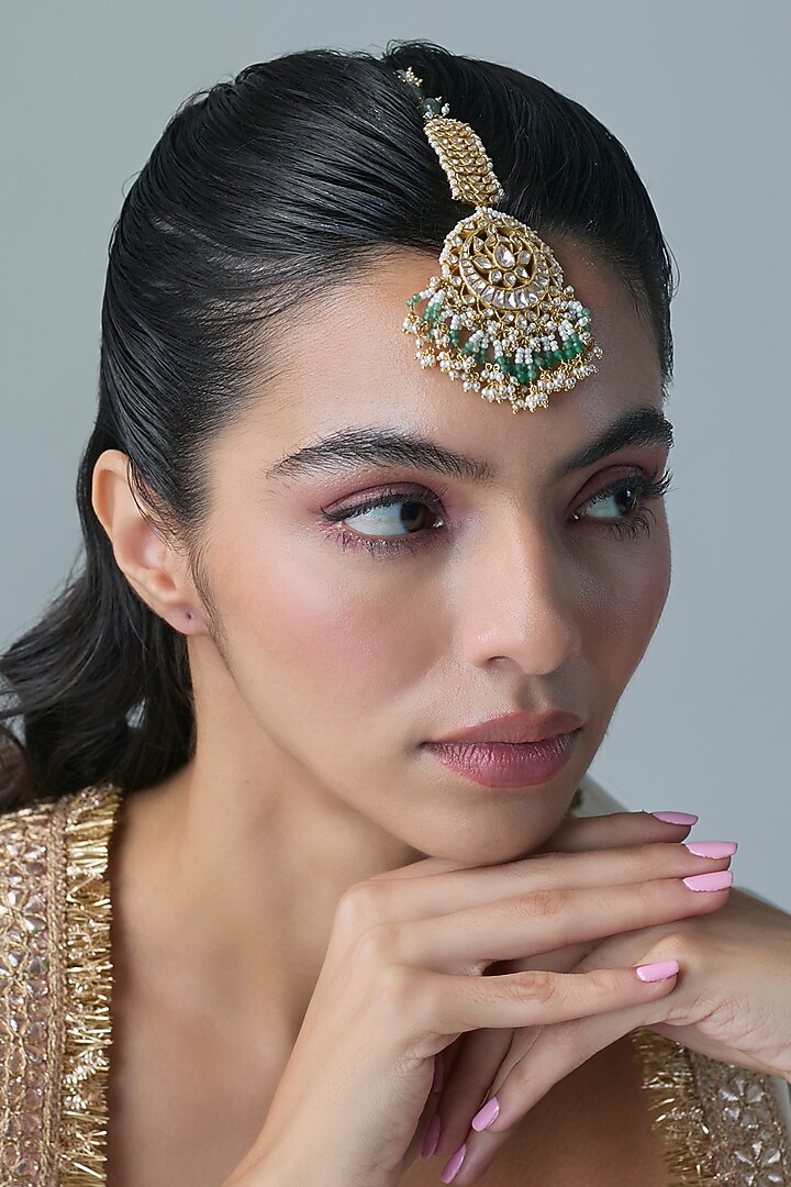 Gold Finish Kundan Polki & Green Stone Maangtikka In Sterling Silver by Preeti Mohan Silver at Pernia's Pop Up Shop