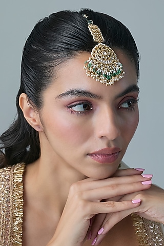 Gold Finish Kundan Polki & Green Stone Maangtikka In Sterling Silver by Preeti Mohan Silver