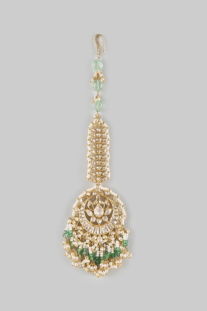 Gold Finish Kundan Polki & Green Stone Maangtikka In Sterling Silver by Preeti Mohan Silver at Pernia's Pop Up Shop