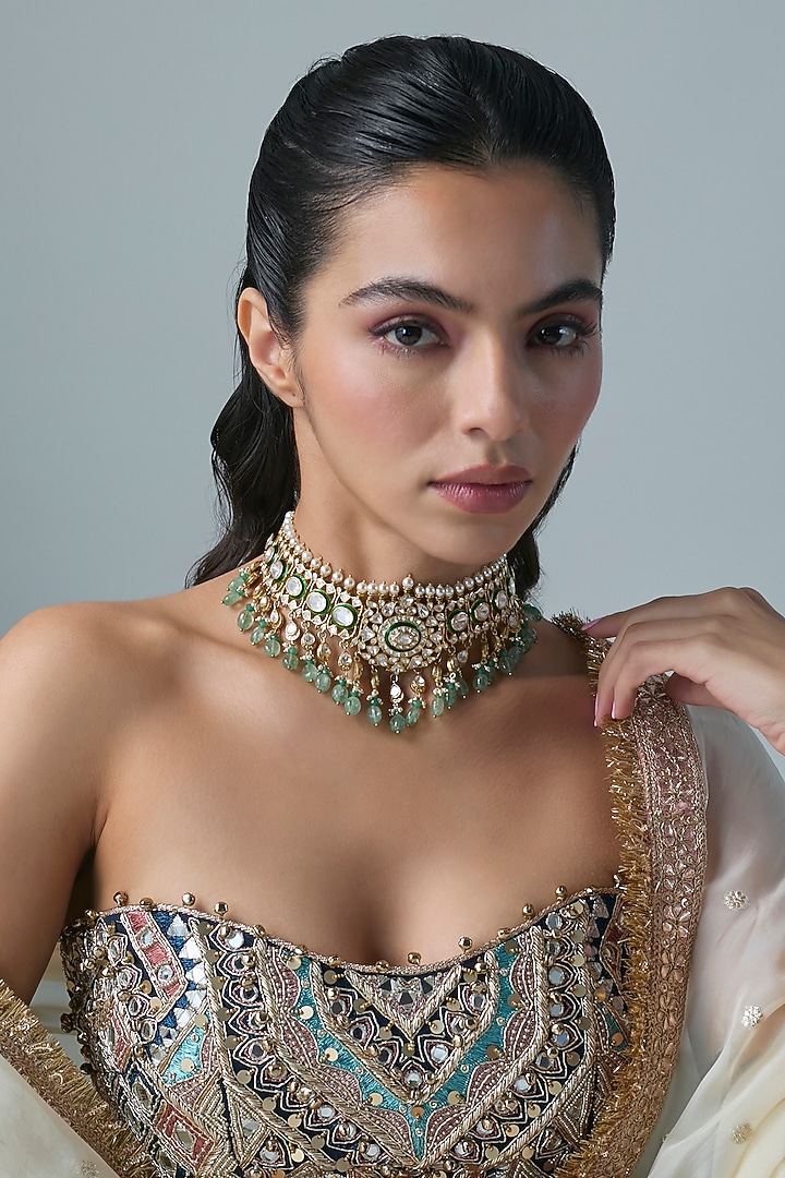 Gold Finish Kundan Polki & Mint Stone Necklace In Sterling Silver by Preeti Mohan Silver at Pernia's Pop Up Shop