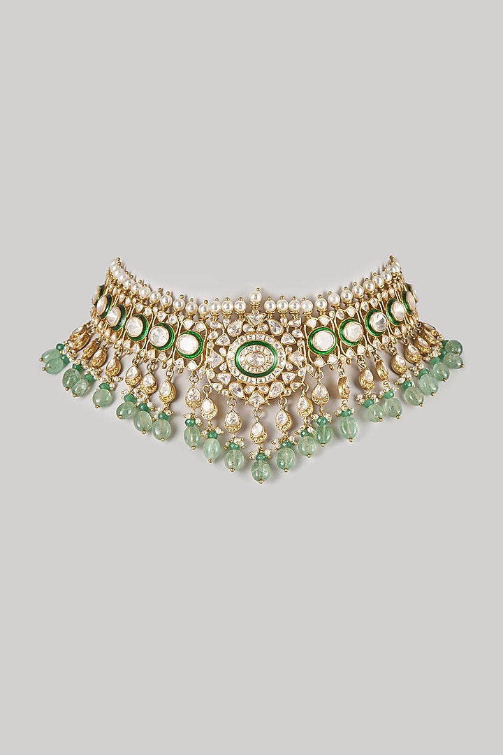 Gold Finish Kundan Polki & Mint Stone Necklace In Sterling Silver by Preeti Mohan Silver at Pernia's Pop Up Shop