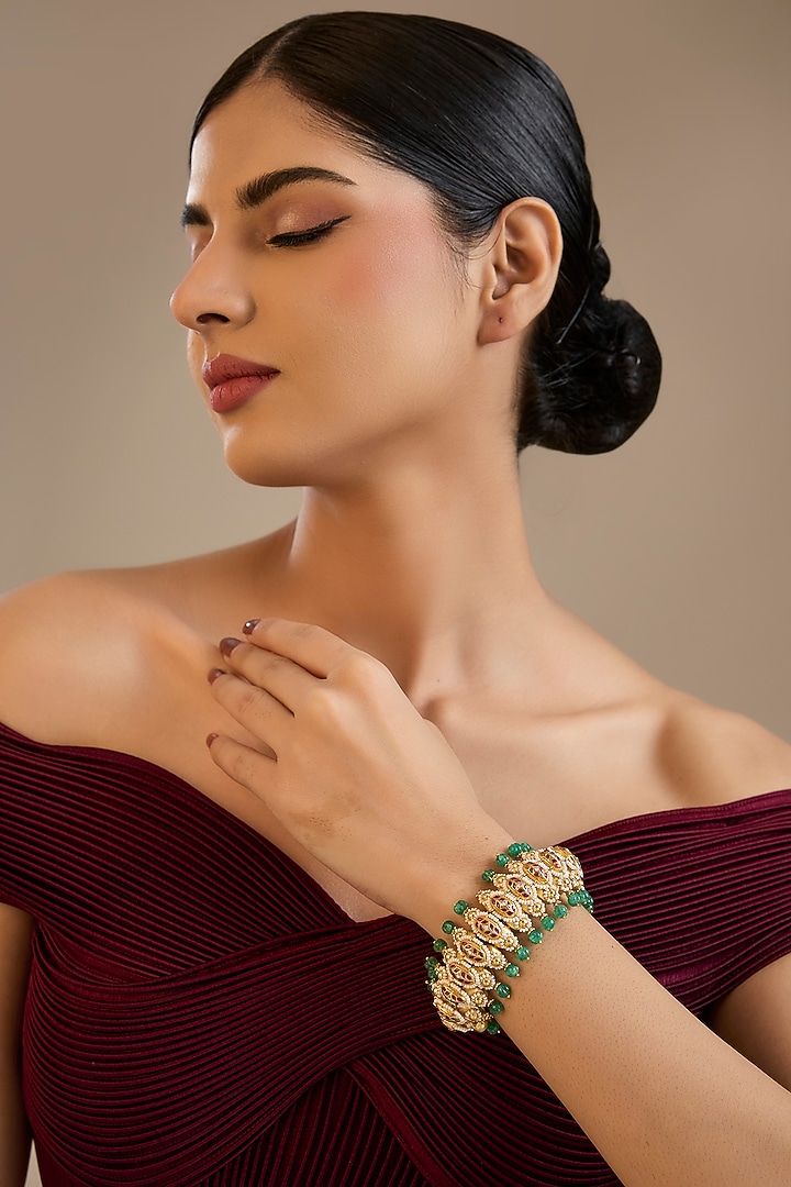 Gold Finish Kundan Polki & Green Stone Adjustable Bangle In Sterling Silver by Preeti Mohan Silver at Pernia's Pop Up Shop