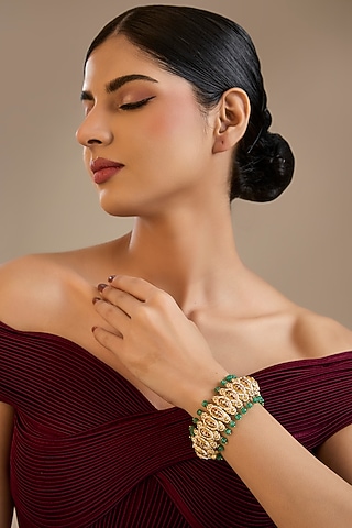 Gold Finish Kundan Polki & Green Stone Adjustable Bangle In Sterling Silver by Preeti Mohan Silver