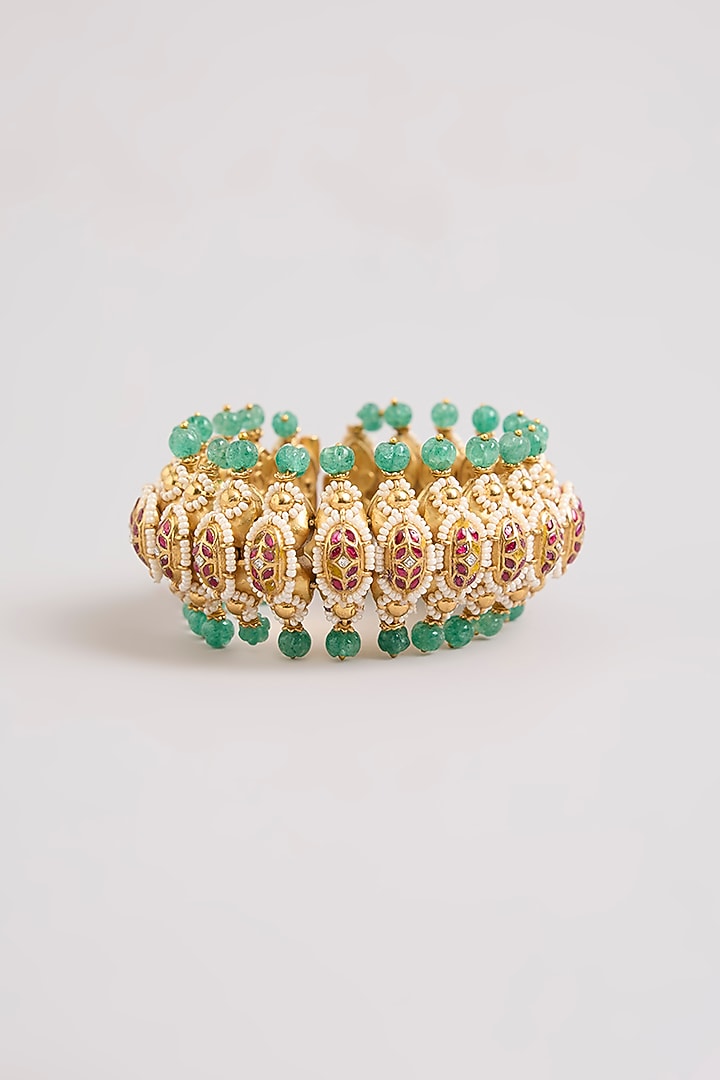 Gold Finish Kundan Polki & Green Stone Adjustable Bangle In Sterling Silver by Preeti Mohan Silver at Pernia's Pop Up Shop