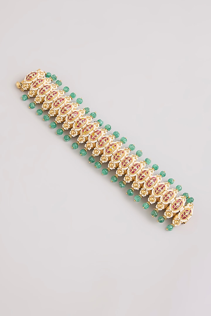 Gold Finish Kundan Polki & Green Stone Adjustable Bangle In Sterling Silver by Preeti Mohan Silver at Pernia's Pop Up Shop