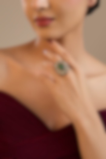 Gold Finish Kundan Polki & Green Stone Adjustable Ring In Sterling Silver by Preeti Mohan Silver at Pernia's Pop Up Shop