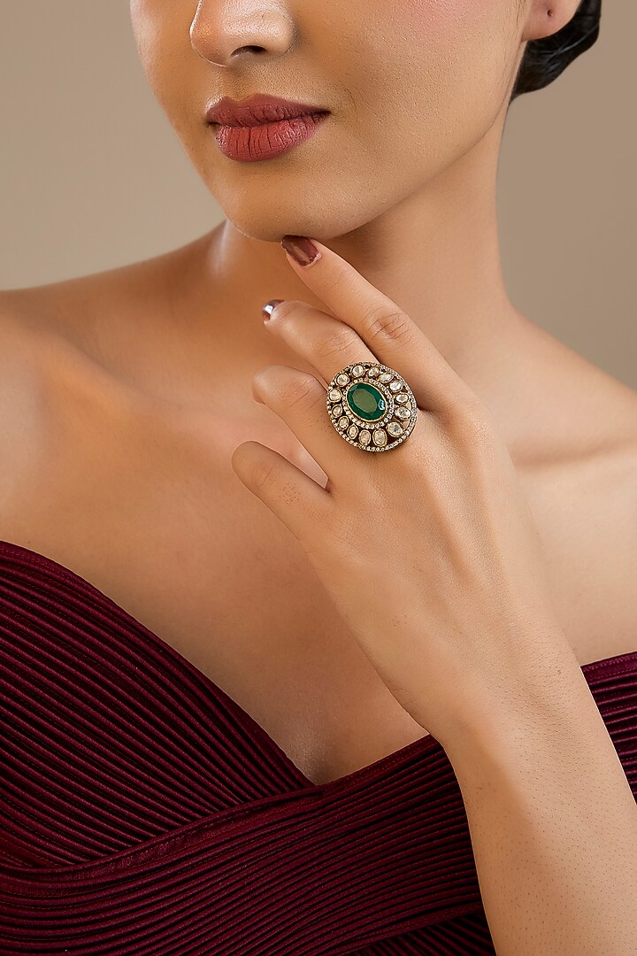 Gold Finish Kundan Polki & Green Stone Adjustable Ring In Sterling Silver by Preeti Mohan Silver at Pernia's Pop Up Shop