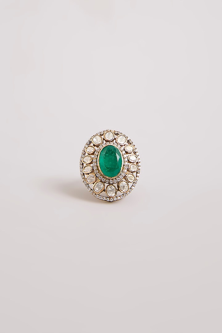 Gold Finish Kundan Polki & Green Stone Adjustable Ring In Sterling Silver by Preeti Mohan Silver at Pernia's Pop Up Shop