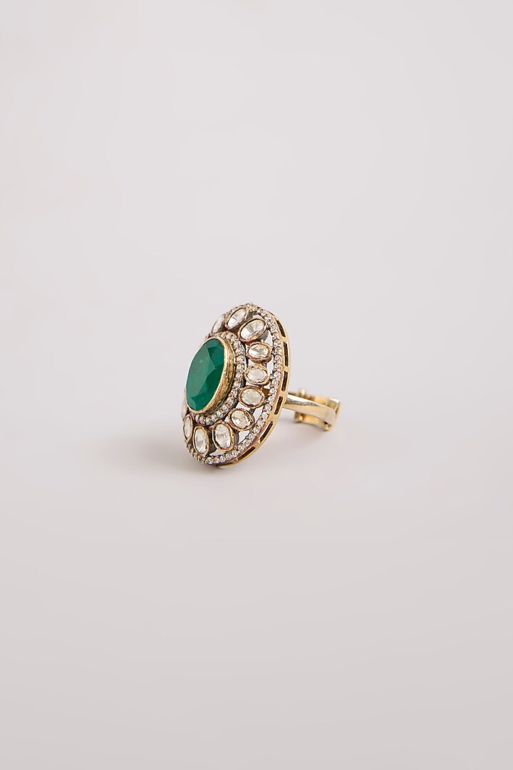 Gold Finish Kundan Polki & Green Stone Adjustable Ring In Sterling Silver by Preeti Mohan Silver at Pernia's Pop Up Shop