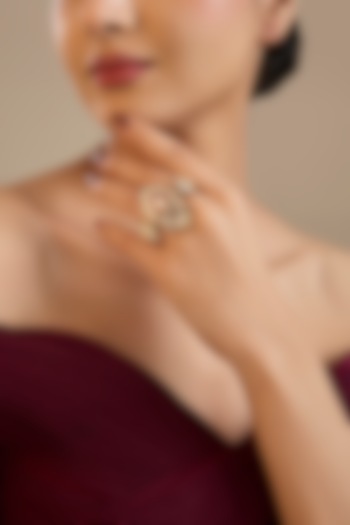 Gold Finish Kundan Polki & Red Stone Adjustable Ring In Sterling Silver by Preeti Mohan Silver at Pernia's Pop Up Shop