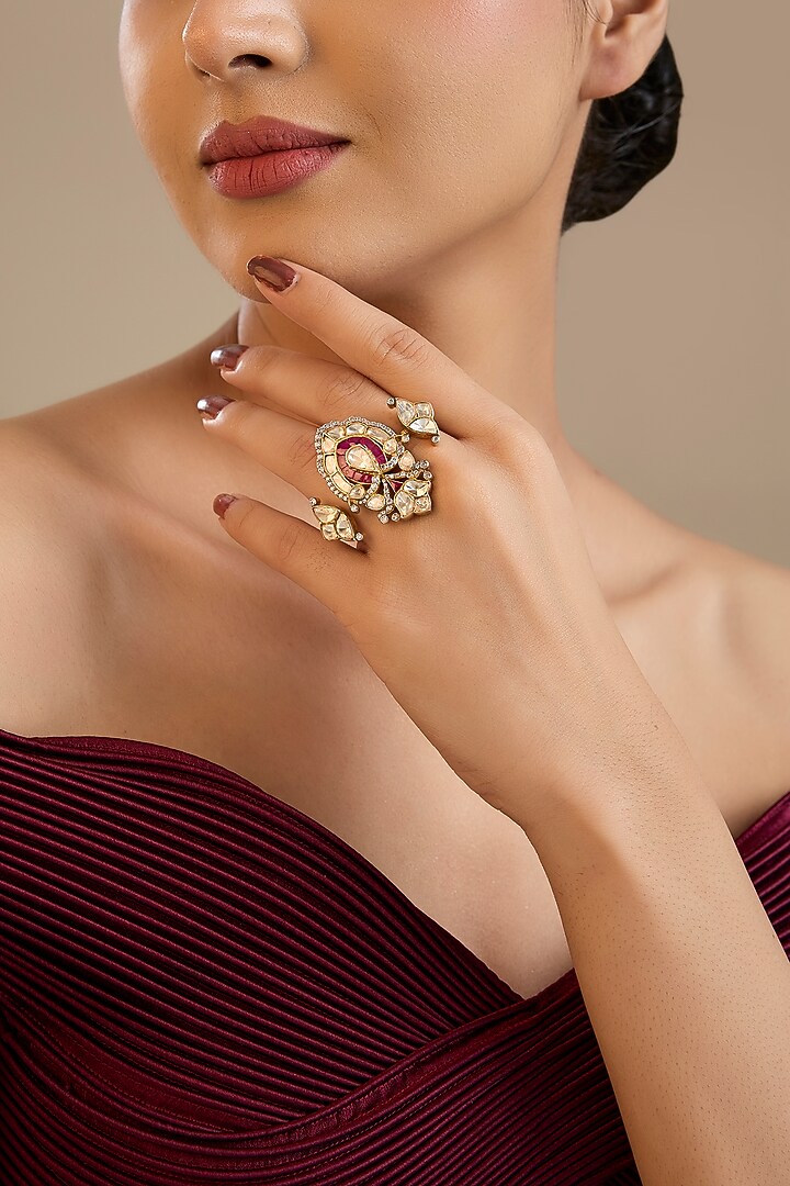 Gold Finish Kundan Polki & Red Stone Adjustable Ring In Sterling Silver by Preeti Mohan Silver at Pernia's Pop Up Shop