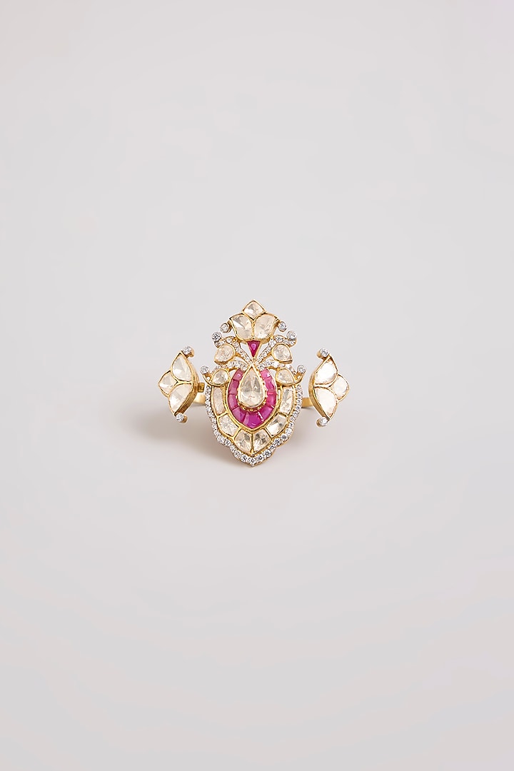 Gold Finish Kundan Polki & Red Stone Adjustable Ring In Sterling Silver by Preeti Mohan Silver at Pernia's Pop Up Shop