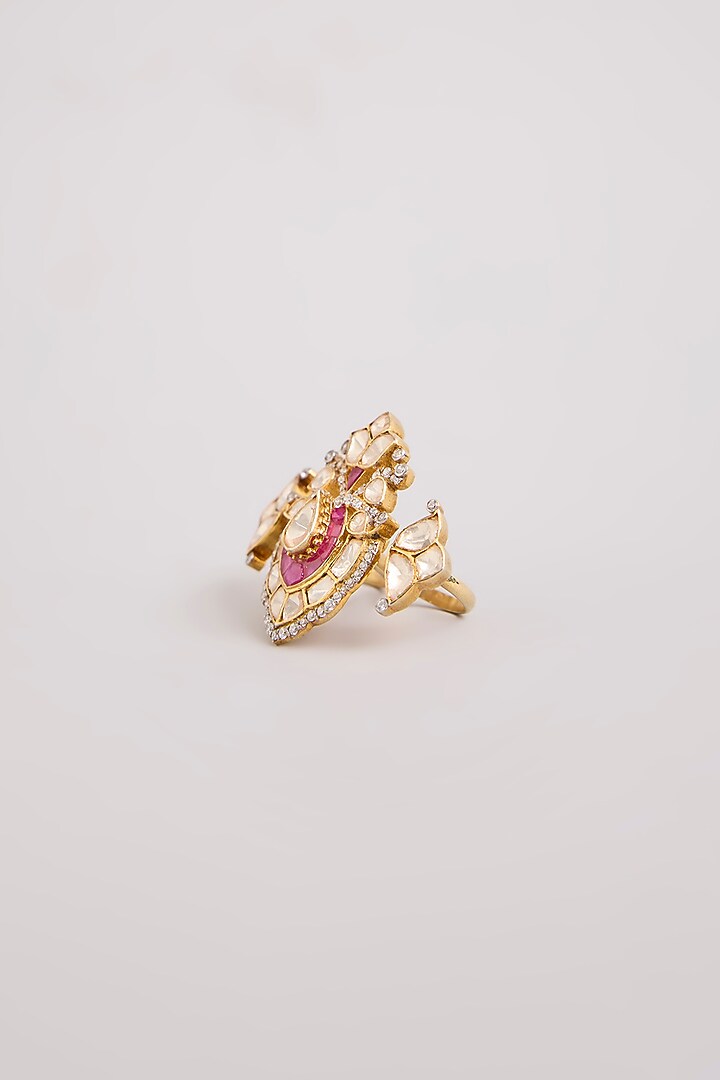 Gold Finish Kundan Polki & Red Stone Adjustable Ring In Sterling Silver by Preeti Mohan Silver at Pernia's Pop Up Shop