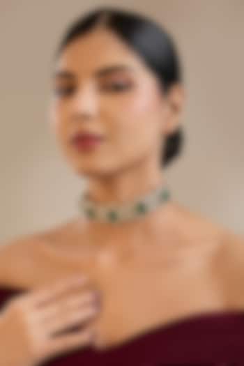 Gold Finish Kundan Polki & Green Stone Choker Necklace In Sterling Silver by Preeti Mohan Silver at Pernia's Pop Up Shop