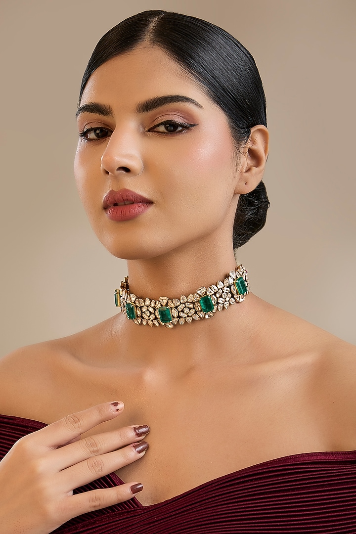 Gold Finish Kundan Polki & Green Stone Choker Necklace In Sterling Silver by Preeti Mohan Silver at Pernia's Pop Up Shop