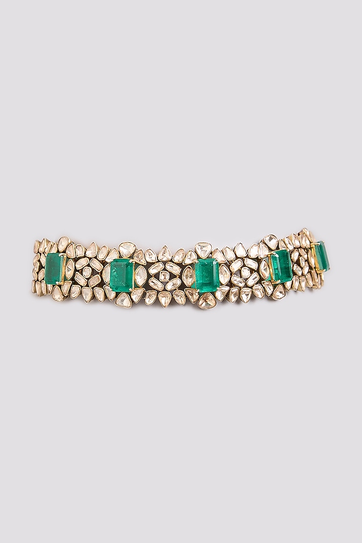 Gold Finish Kundan Polki & Green Stone Choker Necklace In Sterling Silver by Preeti Mohan Silver at Pernia's Pop Up Shop