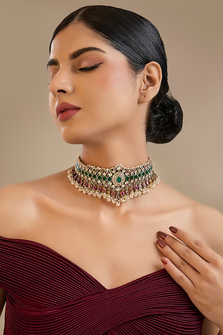 Gold Finish Kundan Polki Choker Necklace In Sterling Silver by Preeti Mohan Silver at Pernia's Pop Up Shop