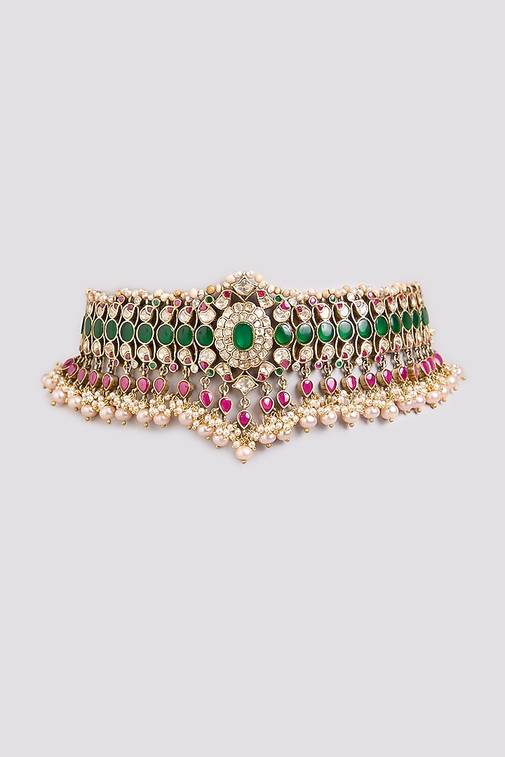 Gold Finish Kundan Polki Choker Necklace In Sterling Silver by Preeti Mohan Silver at Pernia's Pop Up Shop
