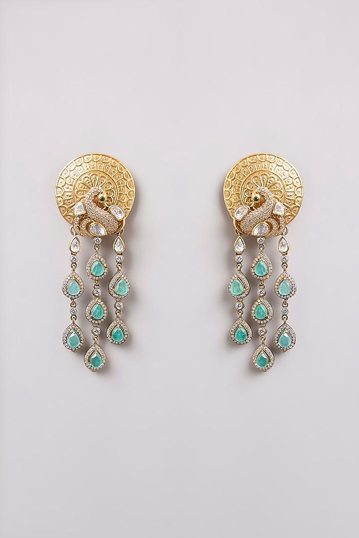 Gold Finish Kundan Polki & Green Stone Dangler Earrings In Sterling Silver by Preeti Mohan Silver at Pernia's Pop Up Shop