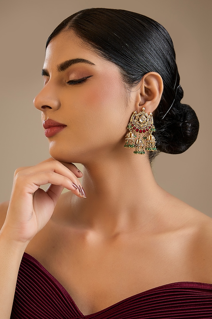 Gold Finish Kundan Polki & Red Stone Dangler Earrings In Sterling Silver by Preeti Mohan Silver at Pernia's Pop Up Shop