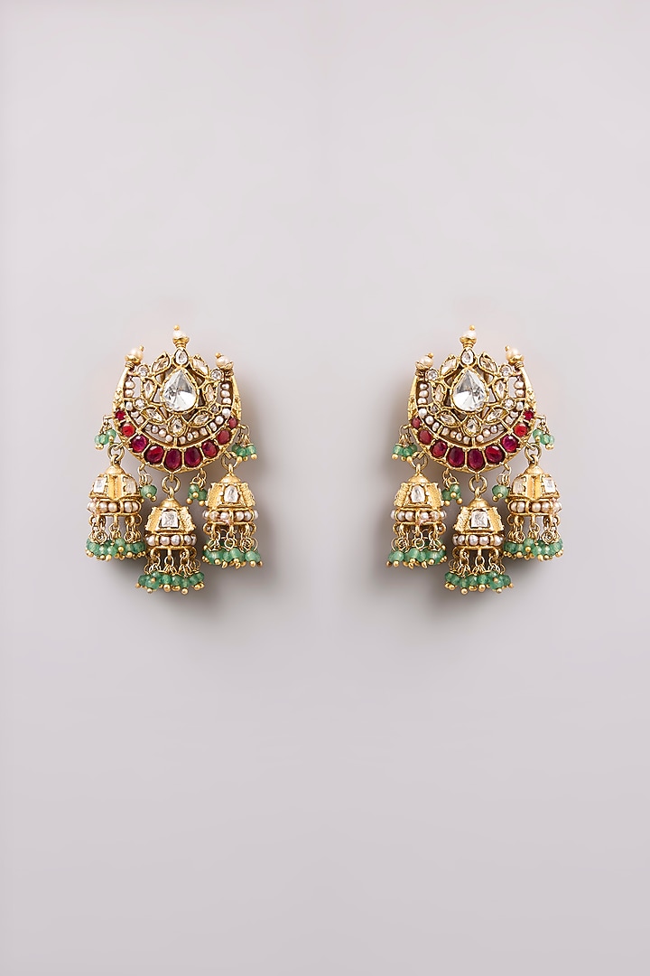 Gold Finish Kundan Polki & Red Stone Dangler Earrings In Sterling Silver by Preeti Mohan Silver at Pernia's Pop Up Shop