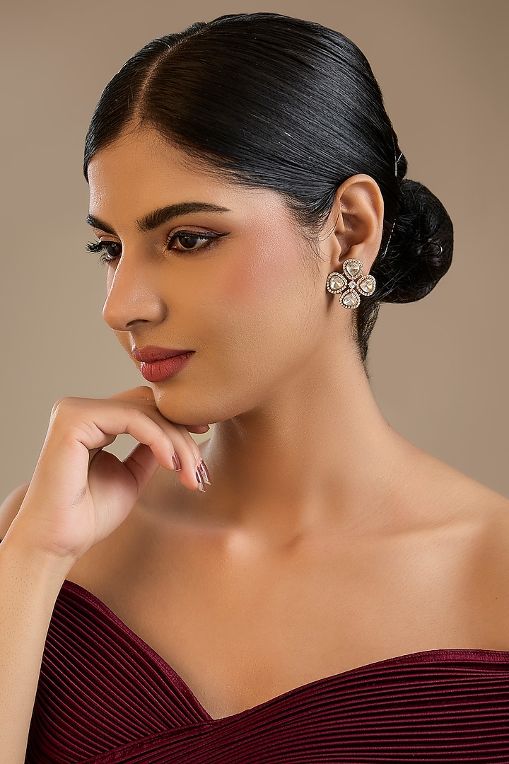 Gold Finish Kundan Polki Stud Earrings In Sterling Silver by Preeti Mohan Silver at Pernia's Pop Up Shop