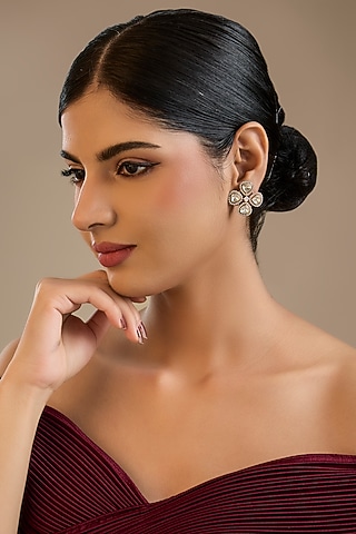 Gold Finish Kundan Polki Stud Earrings In Sterling Silver by Preeti Mohan Silver