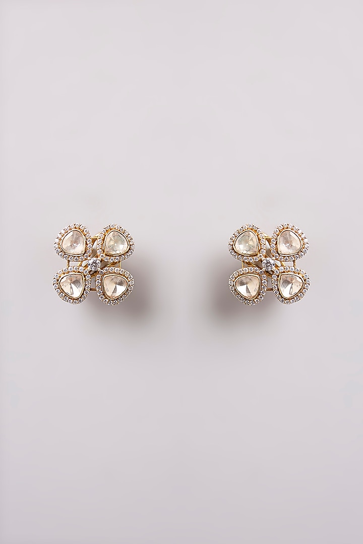 Gold Finish Kundan Polki Stud Earrings In Sterling Silver by Preeti Mohan Silver at Pernia's Pop Up Shop
