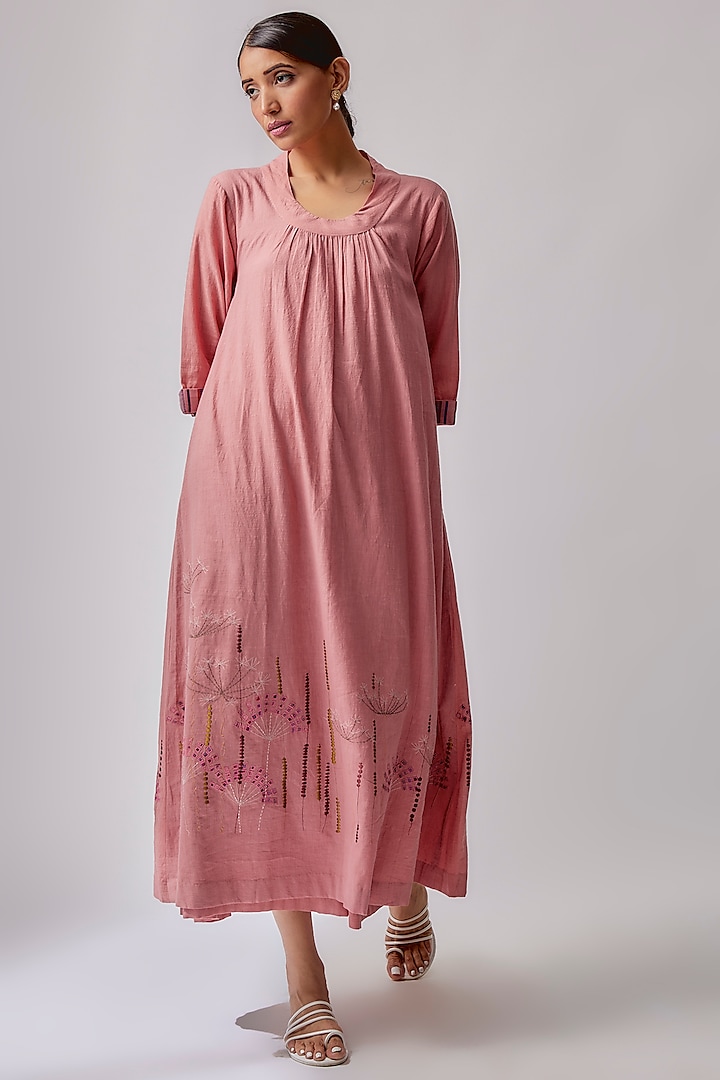 Rose Pink Cotton Embroidered Tunic Set by Priyam Narayan