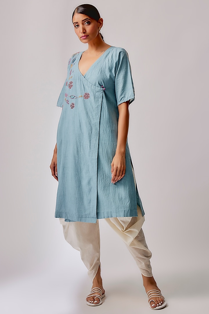 Sky Blue Cotton Embroidered Tunic Set by Priyam Narayan