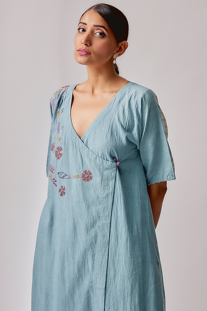 Sky Blue Cotton Embroidered Tunic Set by Priyam Narayan at Pernia's Pop Up Shop