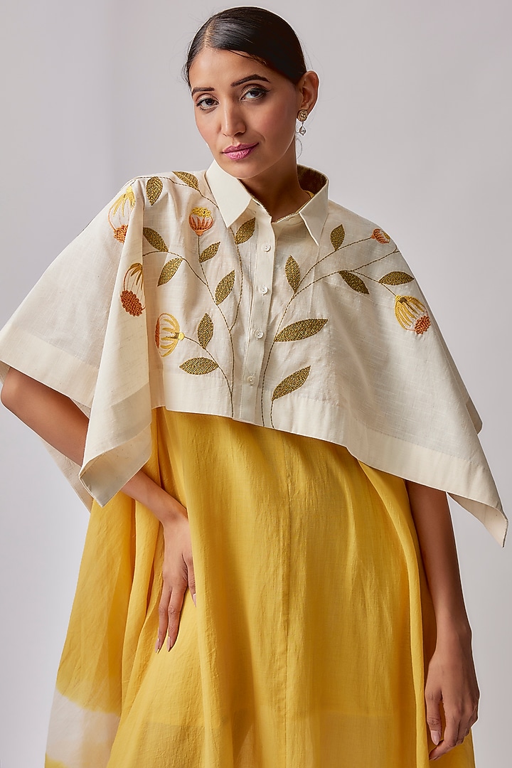 Ivory & Yellow Cotton Printed Kaftan Vacation Dress by Priyam Narayan at Pernia's Pop Up Shop