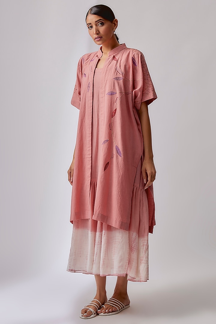 Pink Cotton Embroidered & Printed Jacket Dress by Priyam Narayan