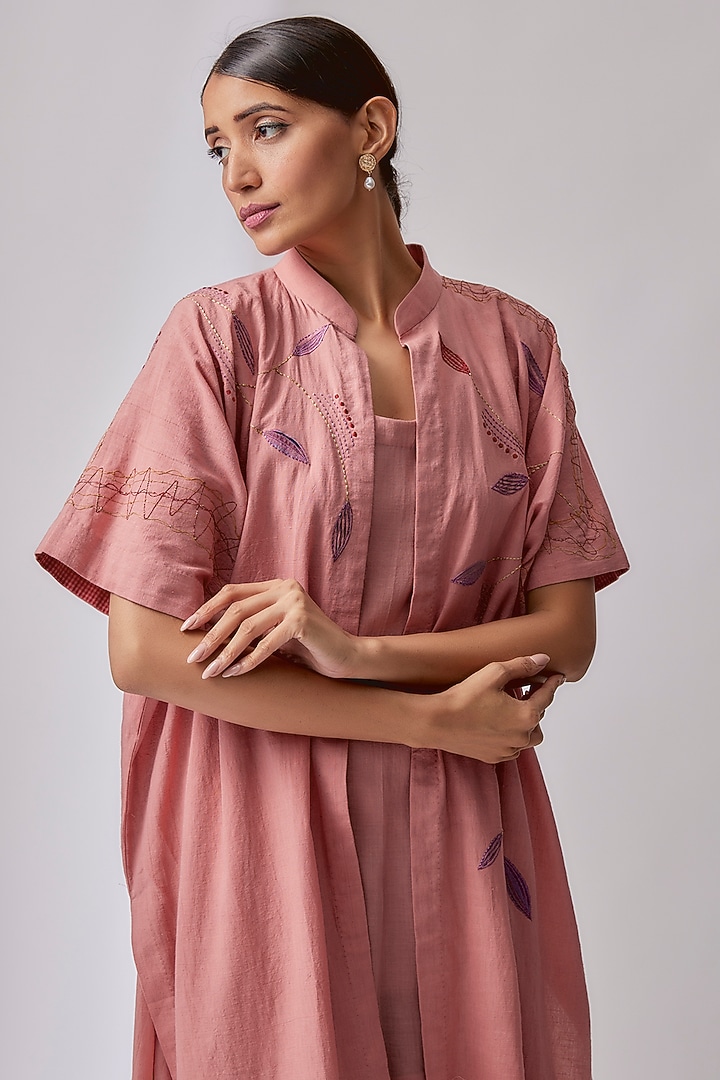 Pink Cotton Embroidered & Printed Jacket Vacation Dress by Priyam Narayan at Pernia's Pop Up Shop