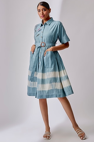 Blue Cotton Embroidered & Printed Tiered Dress by Priyam Narayan