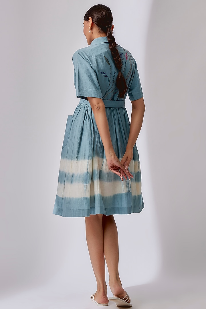 Blue Cotton Embroidered & Printed Tiered Summer Dress by Priyam Narayan at Pernia's Pop Up Shop