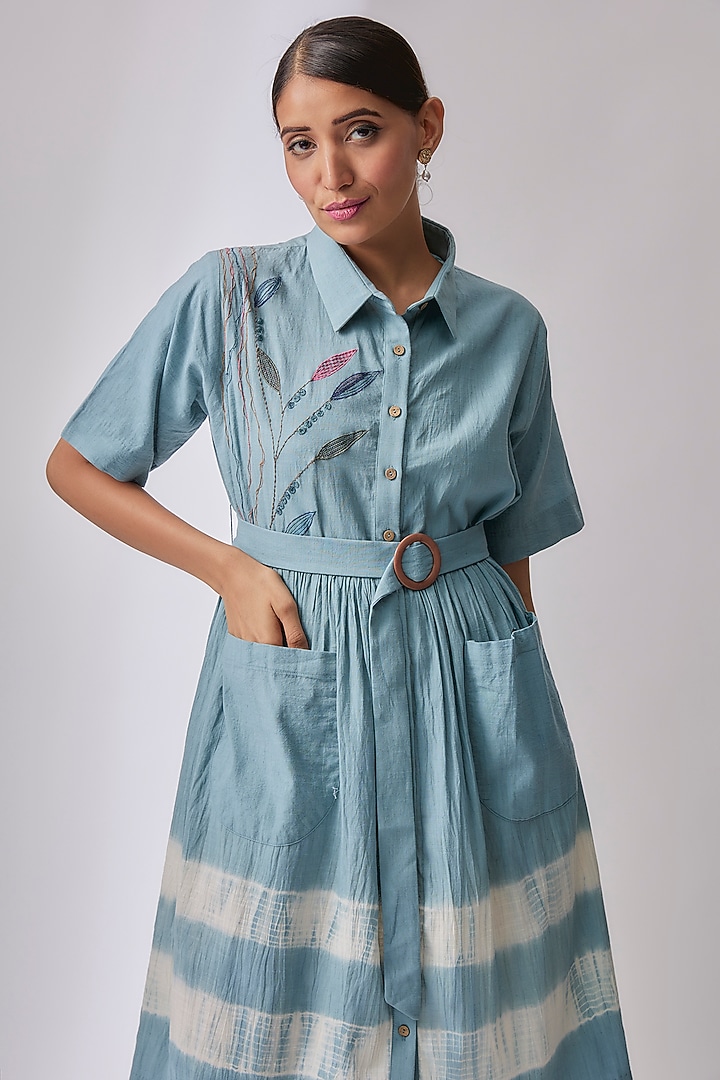 Blue Cotton Embroidered & Printed Tiered Summer Dress by Priyam Narayan at Pernia's Pop Up Shop