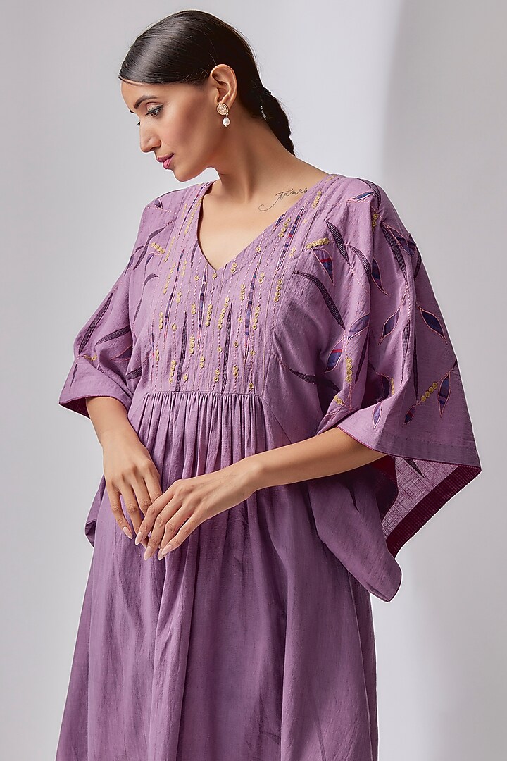 Lavender Cotton Embroidered & Printed Tunic by Priyam Narayan at Pernia's Pop Up Shop
