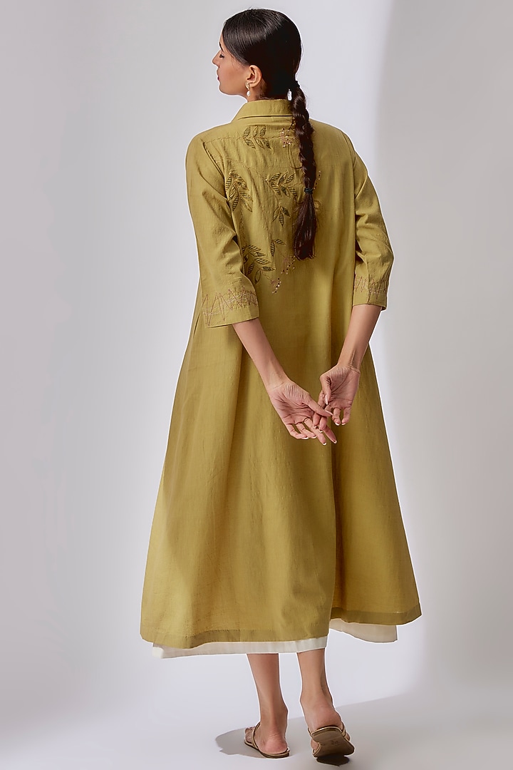 Green & Beige Cotton Embroidered Jacket Vacation Dress by Priyam Narayan at Pernia's Pop Up Shop