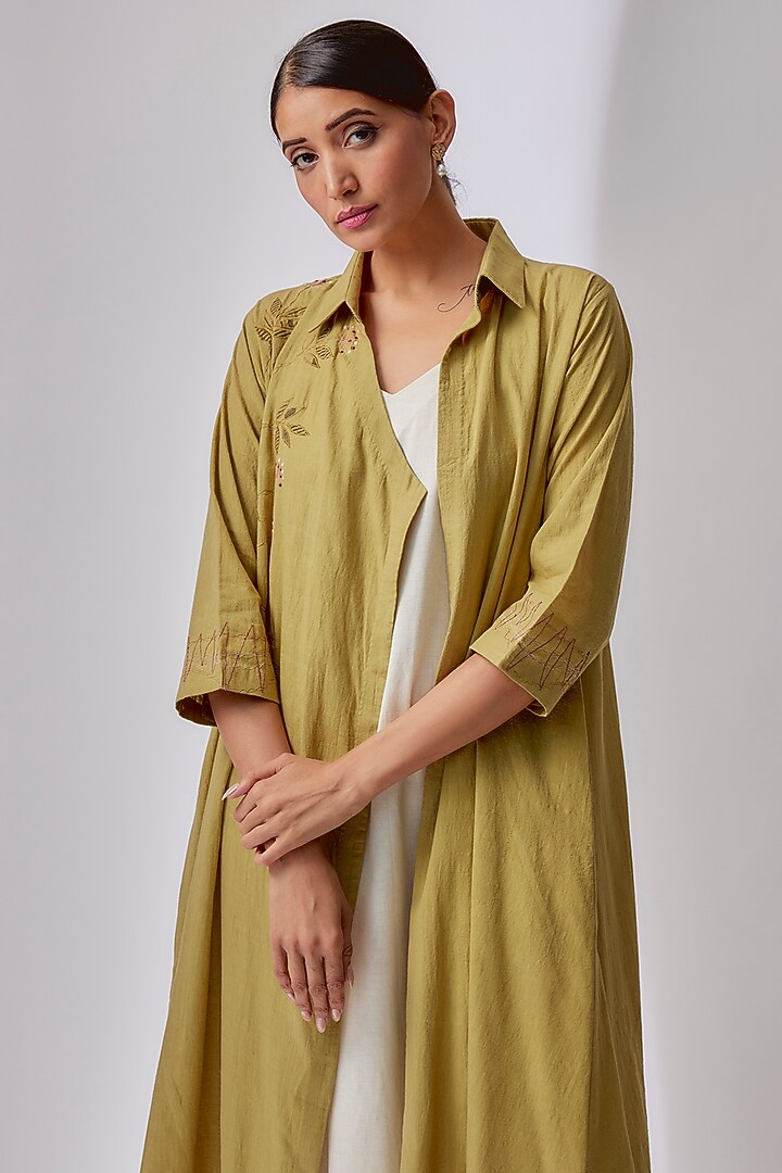 Green & Beige Cotton Embroidered Jacket Vacation Dress by Priyam Narayan at Pernia's Pop Up Shop