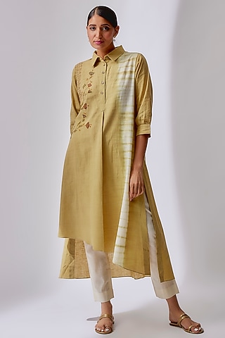 Green Cotton Embroidered & Printed Tunic Set by Priyam Narayan