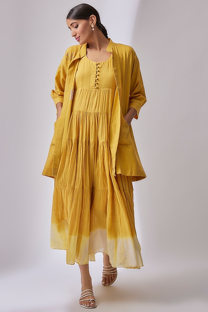 Yellow Cotton Embroidered & Printed Jacket Dress by Priyam Narayan