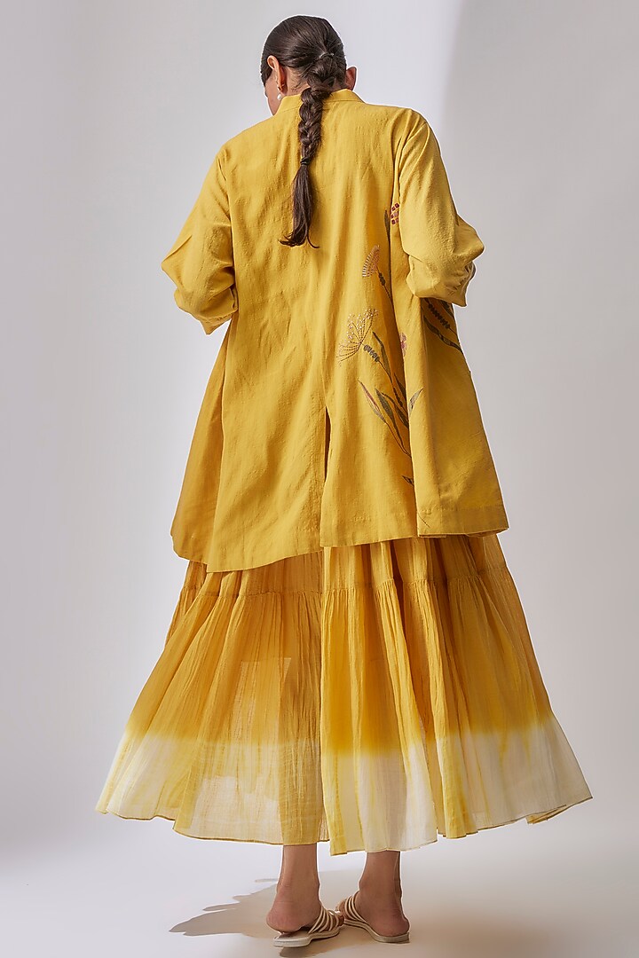Yellow Cotton Embroidered & Printed Jacket Vacation Dress by Priyam Narayan at Pernia's Pop Up Shop