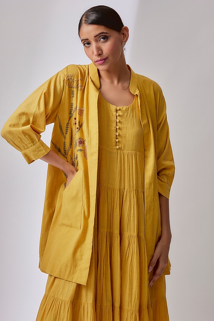 Yellow Cotton Embroidered & Printed Jacket Vacation Dress by Priyam Narayan at Pernia's Pop Up Shop