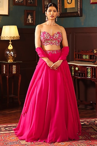 Pink Organza Lehenga Set by LABEL PRIYANKA KHOKKER