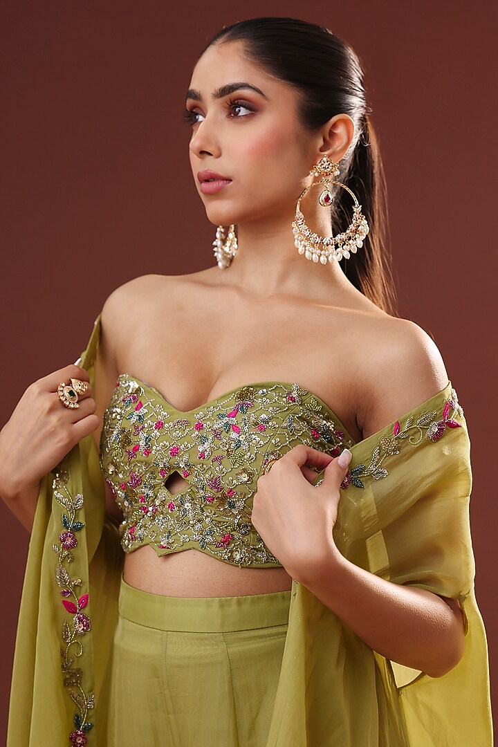 Parrot Green Organza Cape Set by LABEL PRIYANKA KHOKKER at Pernia's Pop Up Shop