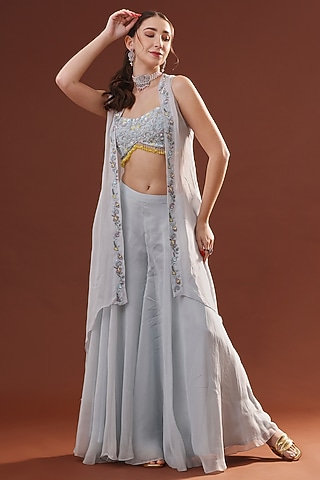 Ice Blue Organza Cape Set by LABEL PRIYANKA KHOKKER