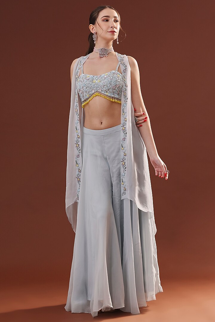 Ice Blue Organza Cape Set by LABEL PRIYANKA KHOKKER at Pernia's Pop Up Shop